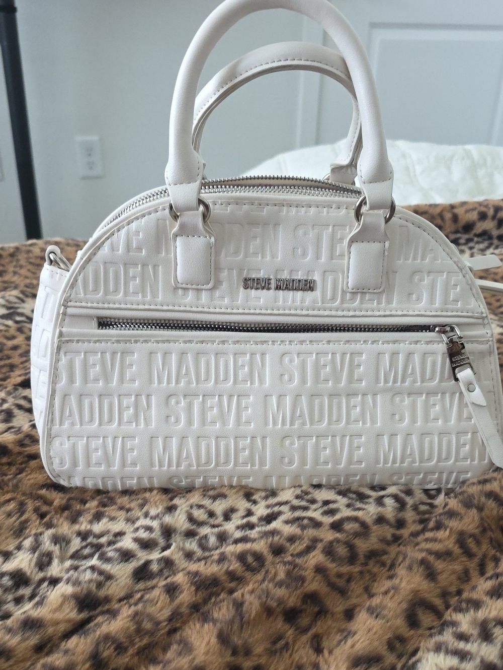 Steve Madden White Embossed Dome Satchel with Front Zip